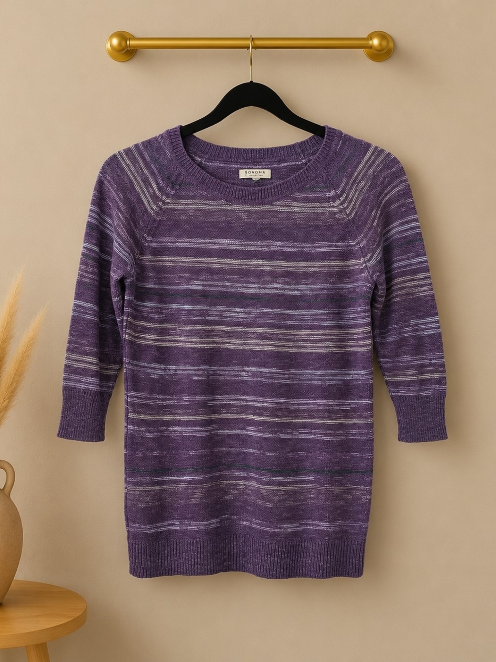 Sonoma Purple and White Striped Crewneck Sweater